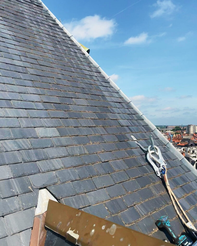 Detail van het leiendak met een veiligheidslijn en een verankering, met de stad op de achtergrond.